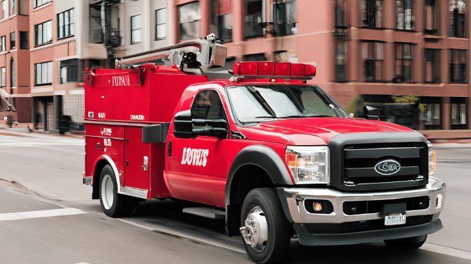 A red towing service truck driving in the city.