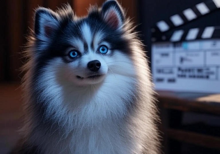 pomsky posing dramatically on a movie set